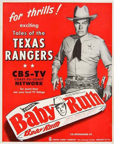 Curtiss Candy of Chicago sponsored “Tales of the Texas Rangers” starring Willard Parker as Jace Pearson and Harry Lauter as Clay Morgan. 