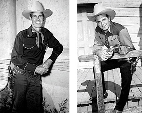 Great poses of Kermit Maynard and Ray “Crash” Corrigan taken while they were guest starring in Roy Rogers’ “Trail of Robin Hood” (‹50 Republic). 