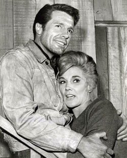 Robert Horton and Jeanne Cooper take a break from making “Survival”, an episode of TV’s “A Man Called Shenandoah”.