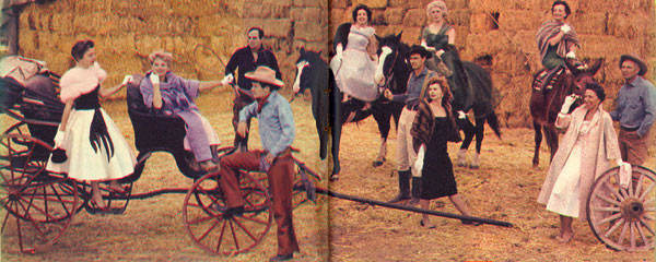 Many women scripted TV westerns. Shown in this TV GUIDE spread from June 6, 1959, are (l-r) Kathleen Hite (“Gunsmoke”, “Wagon Train”), Fanya Lawrence (“Have Gun Will Travel”, “Restless Gun”) and her husband, badman Marc Lawrence (in black), Will (“Sugarfoot”) Hutchins (in foreground), Virginia Cooke (“Roy Rogers”, “Sugarfoot”), Mary McCall (“Restless Gun”) (both on horseback), Dennis (“Gunsmoke”) Weaver, Ruth Woodman (“Death Valley Days”) on the mule with Terry (“Wagon Train”) Wilson steadying her mount. In the foreground are Pat Fielder (“Rifleman”) and Gerry Day (“Wagon Train”) who surveys the situation with opera glasses.