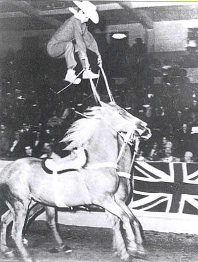 Don floats above horses Dan and Don in 1953 at the Vancouver, British Columbia International Invitational Horse Show. 7,500 people in the audience gave Jug “the only standing ovation in my career. It lasted a full 10 minutes.” 