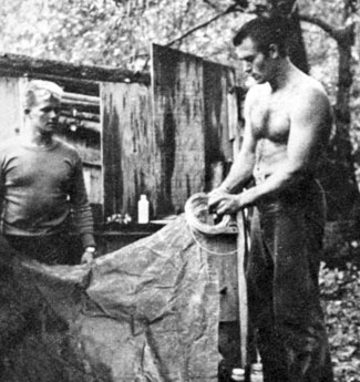 Clint Walker, his cousin Bob Walker and friend Don Wyatt spent a weekend in 1959 for an adventure on the Feather River in California. First up, rig the tents!