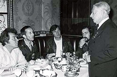 “High Chaparral”—Cameron Mitchell and others listen intently to Toast Master Georgie Jessel at the Brown Derby in 1978. 