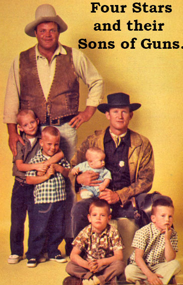 (Top) Dan Blocker (“Bonanza”) and sons Dave, 6; Dirk, 3. 

Don Collier (“Outlaws”) and sons baby Steven James, Don Jr. and David Richard, both 6.