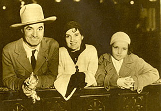 Tom Mix and new wife Mabel Ward Hubbell. Ceremony took place February 15, 1932 in Mexicali, Mexico. Beside them is Tomasina, Mix’s daughter by his former marriage to Vicky Forde. 