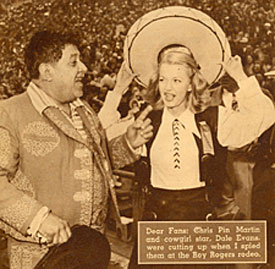 The following seven photos were taken in 1945 at a Roy Rogers Rodeo in California. 
Chris Pin Martin and Dale Evans at Roy Rogers rodeo.