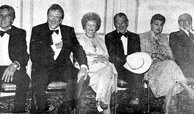 (L-R) George Montgomery, James Arness, Dale Evans, Roy Rogers, Esther Williams and Jock Mahoney at the Stuntmen’s Life Achievement Awards dinner in 1983. 