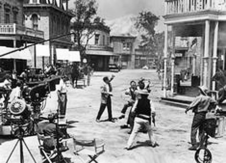 Great shot of filming on the Paramount Western street. 