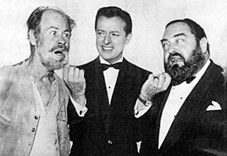 Mike Stokey, host of “Pantomime Quiz” (renamed “Stump the Stars” in the ‘60s) tweaks the whiskers of “Rawhide”’s Paul Brinegar and actor Sebastion Cabot. 