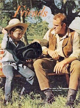 Dan Blocker watches as a young fan tries on Hoss Cartwright’s hat for the 
cover of FRIENDS magazine. 
