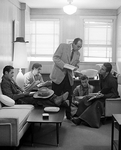 A “Rawhide” cast script read through. (L-R) Sheb Wooley, unknown, unknown (probably the director), Clint Eastwood, Eric Fleming. 