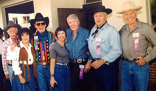 Sonora, CA Wild West Film Festival guest stars in 1992. (L-R) John Lupton, Marilynn Horton, Will Hutchins, Barbara Hutchins, Robert Horton, Chris Alcaide, Kelo Henderson. 