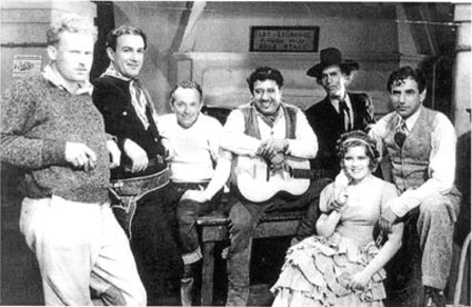 Cast and crew of “Rawhide Mail” (‘34 Reliable). (L-R) Unknown, Jack Perrin, Associate Producer Harry S. Webb, Chris-Pin Martin, Nelson McDowell, leading lady Lillian Gilmore, director/producer Bernard B. Ray. (Courtesy Bob Webb family.) 