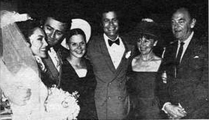 Phyllis and James Drury’s wedding reception...(L-R) Phyllis and Jim Drury, Sara Lane, Doug McClure, Jeanette Nolan and John McIntire. 