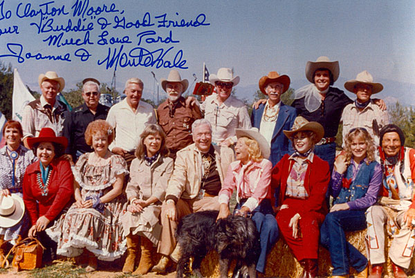 (L-R top row) Unknown, Unknown, Unknown, Guy Madison, Clayton Moore, Eddie Dean, Sunset Carson, unknown. (L-R bottom row) Joanne Hale, Jane Withers, Dale Evans, Unknown, Monte Hale, Unknown, Penny Edwards, Deborah Winters, Penny's daughter (?), Iron Eyes Cody.
