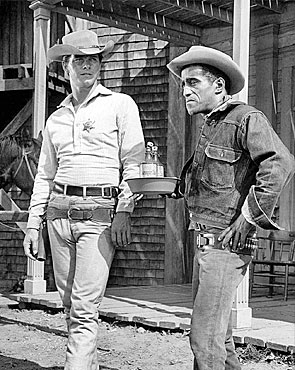Peter Brown and Sammy Davis Jr. ready to film a scene for 
“Lawman: Blue Boss and Willie Shay”.