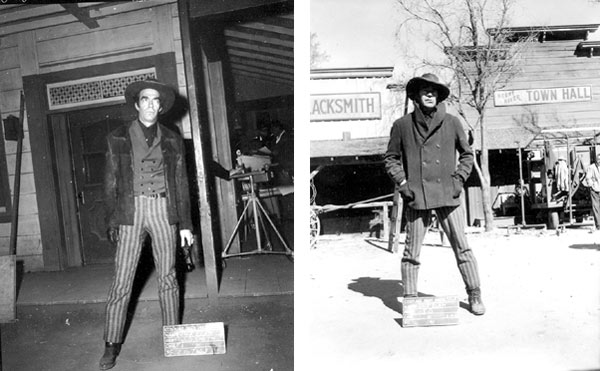 On the back lot of Warner Bros., Jack Elam poses for wardrobe shots for his charater of Deputy J. D. Smith on the short-lived but excellent Warner Bros. series “The Dakotas” in 1963. (Thanx to Marty Kelly.)