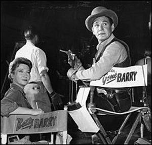 Gene Barry joins his wife, Betty, on his “Bat Masterson” set during her guest appearance in the “No Amnesty for Death” episode in ‘61.