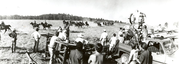 MGM TV’s production crew on location in Canon City, Colorado, for “How the West Was Won” that starred James Arness. Above photo shows troopers maneuvering for attack during an Indian war. The Westernaires, a unit of 60 young men, were retained by executive producer John Mantley to serve as U.S. Cavalry troopers.