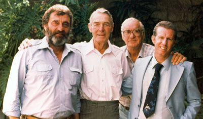 Actor Victor French, stuntman Al Wyatt and stuntman/actor Neil Summers visited western great Randolph Scott at his home in Beverly Hills in 1985. (Thanx to Neil Summers.)