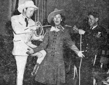 Roy clowns with Joan Davis and Rudy Vallee on their network radio show.