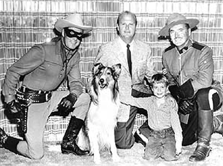 Lassie and Jon Provost with trainer Rudd Weatherwax with two other TV heroes...The Lone Ranger and Sgt. Preston. 