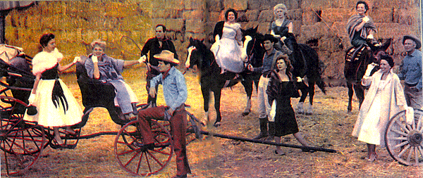 Women scriptwriters away from their typewriters. (L-R) Kathleen Hite (“Gunsmoke”, “Wagon Train”), Fanya Lawrence (“Have Gun Will Travel”, “Restless Gun”), Fanya’s husband Marc Lawrence behind Will “Sugarfoot” Hutchins. (On horseback) Virginia Cooke (“Roy Rogers”, “Sugarfoot”) and Mary McCall (“Restless Gun”). Dennis Weaver (“Gunsmoke”) with Pat Fielder (“The Rifleman”). Ruth Woodman (“Death Valley Days”) on the mule behind Terry Wilson of “Wagon Train” and Gerry Day (“Wagon Train”) with field glasses. From TV GUIDE June 6, 1959. 