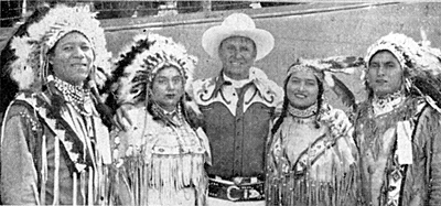 Gene Autry and the Indians...(L-R) Full-blooded Creek Chief Wah-Nee-Ota, who was once in the Tom Mix Circus and was a movie extra, Princess White Fawn, Gene Autry, Betty Hernandez, Bennie Atencia in 1952. 