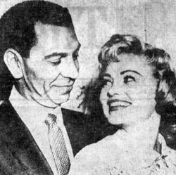 Jack Webb, star of TV’s “Dragnet”, and his bride, Jackie Loughery, at their wedding reception in Hollywood, June 1958. The third Mrs. Webb was a former Miss U.S.A. and co-starred as Letty Bean with Edgar Buchanan on TV's “Judge Roy Bean” from ‘55 to ‘56. It was Loughery’s second marriage.