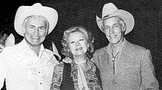 Columnist Lee Graham with Virginia Mayo and Guy Madison at the 1981 “Last Great Hollywood Party” held at the old Republic Studio. 