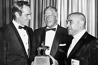 At the Cowboy Hall of Fame in Oklahoma City, Charlton Heston and Joel McCrea present an award to director Tom Gries for “Will Penny”. (Thanx to Tom Weaver.) 