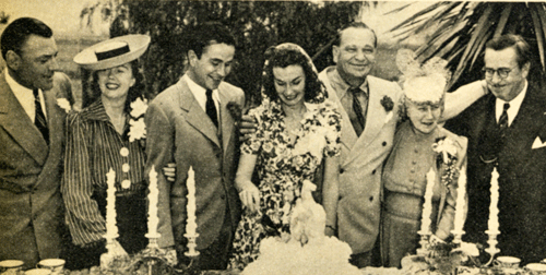 The wedding of Noah Beery Jr. and Maxine Jones in 1940. On the left are Maxine’s parents Buck and Odille Jones. On the right are Wallace Beery and Noah’s parents and Marguerite and Noah Beery Sr. 