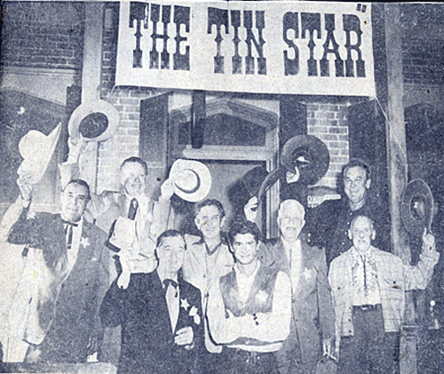 Anthony Perkins (front and center) got together a host of oldtime cowboy stars to publicize his new Western (with Henry Fonda), “The Tin Star” (‘57). (L-R) Ken Maynard, Tom Keene, Rex Lease (beside Perkins), Bob Steele, Hoot Gibson (?), Big Boy Williams and Raymond Hatton. 