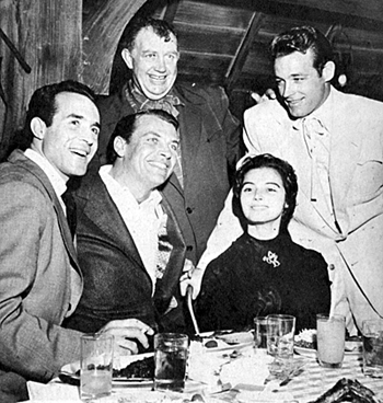 Guy Madison’s 1954 birthday party with (L-R) Ricardo Montalban, Andy Devine, Richard Egan and Marissa Pavan. 