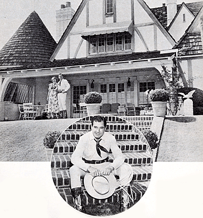 Johnny Mack Brown and his wife Cornelia in front of their gabled English-type house. They were married when Johnny was still a gridiron star and were blessed with four children, Jane, Lachlin, Cynthia and Sally. 