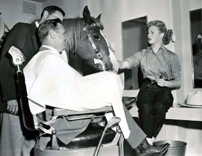 It's back in the make-up chair again for both Gene Autry and his wonder horse Champion.