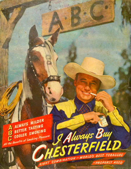 Cowboy Cancer Alert! Dave O'Brien lights up for a 1946 Chesterfield ad. Perhaps ABC should stand for "Always Bad Cancer".