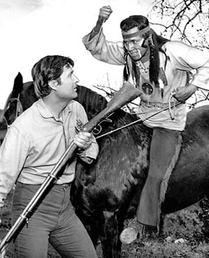 Fess Parker battles the former Tonto—Jay Silverheels—as a renegade Cherokee on "Daniel Boone: The Quietists" (2/25/65).