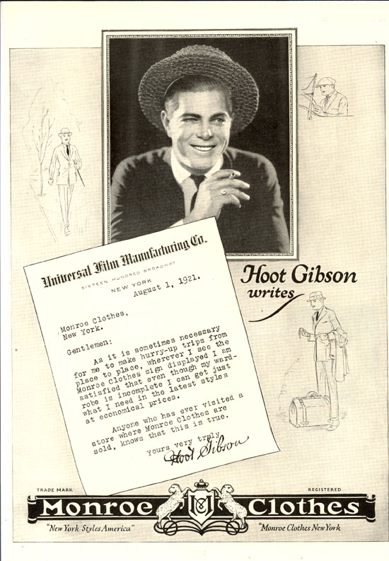 Hoot Gibson ad from THEATRE MAGAZINE for June 1922 endorsing Monroe Clothes of New York.