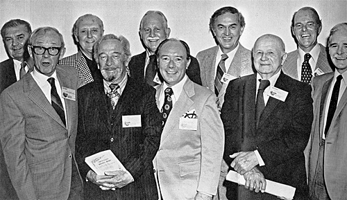 At a Republic Pictures Reunion in 1972 are (L-R) Director Bill Witney, William Benedict, unknown, unknown, George deNormand, Frank Coghlan, Kirk Alyn, unknown, Tom Steele, Dave Sharpe. 