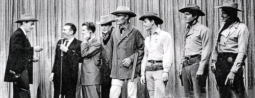 .and below: Jack "Maverick" Kelly, hosts Dennis James and Dick Clark, Will "Sugarfoot" Hutchins, John "Lawman" Russell, Peter "Lawman" Brown, Ty "Bronco" Hardin, Wayde "Colt .45" Preston.