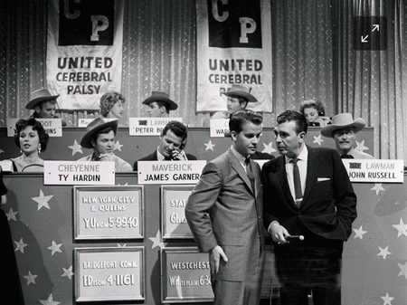 Warner Bros. TV Western stars gathered for a United Cerebral Palsy fund raiser in the New York area on October 18, 1958. Hosts were Dick Clark and Dennis James.