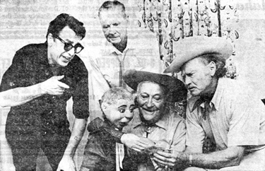 Lash LaRue, Russell Hayden, Don Barry with Max "Alibi" Terhune and his dummy Elmer at an early Memphis Western Film Festival at the Sheraton-Peabody Hotel.