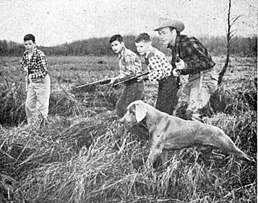 Roy Rogers took a group of young friends hunting in Marysville, CA in May 1953. 
The dog is Trig, one of Roy's Weimaraners.