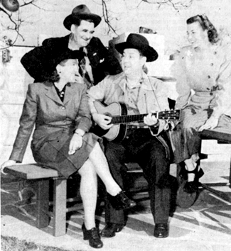 Smiley Burnette in 1947 with Polly Jenkins (1903-1983) and her Musical Pals, 
Uncle Dan and Texas Rose. Polly Jenkins and her Plowboys were in Gene Autry's "Man From Music Mountain" ('38 Republic). They were stars on WKTV, Utica, NY. Jenkins played piano, organ, vibraphone, accordion and xylophone.
