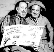 B-Western sidekicks Emmett Lynn and Dub Taylor look over the 1948 "Western Hall of Fame Hoss Opera" program held at L.A.'s Olympic Auditorium. Note the Roy Rogers Radio Show Quaker Oats ad on the back of the program. 