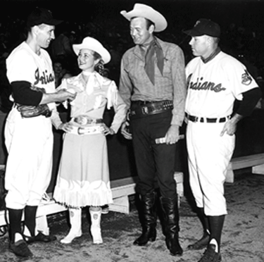 During a personal appearance tour in August 1954 in Cleveland, OH, Brad (Lofty Craig) Johnson and Gail (Annie Oakley) Davis met with Cleeveland Indians players Bob Feller and Dale Mitchell. 