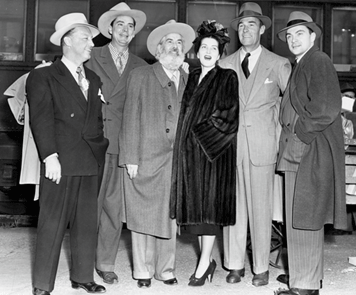 On the road in 1948 promoting "Albuquerque" are (L-R) producer Bill Thomas, film's stars Russell Hayden, Gabby Hayes, Catherine Craig, Randolph Scott, Larry Blake.