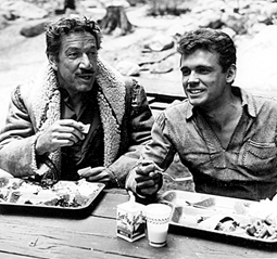 Richard Boone and guitarist Duane Eddy take a lunch break in the Angeles National Forest while on location for "Have Gun Will Travel: Education of Sara Jane" ('61).