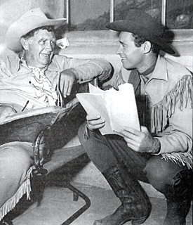 Andy Devine and Guy Madison take a break during production of 
“Wild Bill Hickok” TV series. 